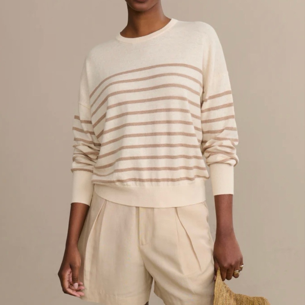 NWOT Jenni Kayne Avery Crewneck Sweater Stripe Cotton Merino Neutral XS Summer